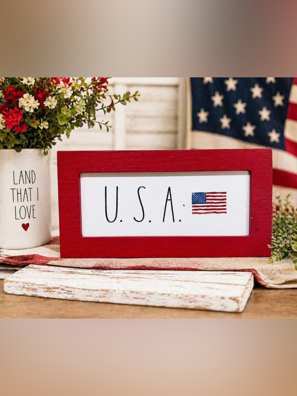 Rae Dunn USA Red Wood Edged Flag Sign Patriotic Farmhouse Decor NEW